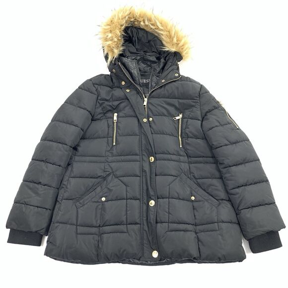 Guess Faux Fur Lined Hooded Puffer Jacket Size XL Womens Solid Black Winter Cold - Picture 1 of 11